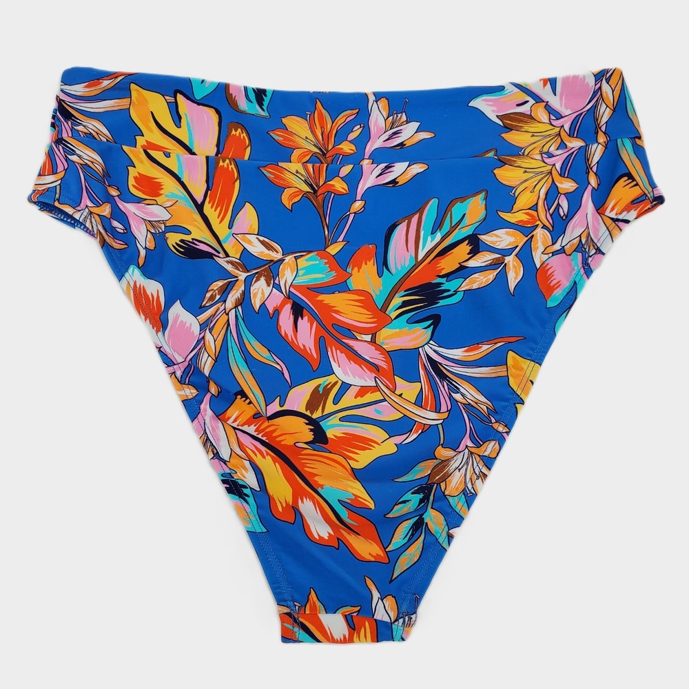 Cupshe Tropical Floral High Waist Bikini Bottom‎ Medium Blue Orange Pink Lined